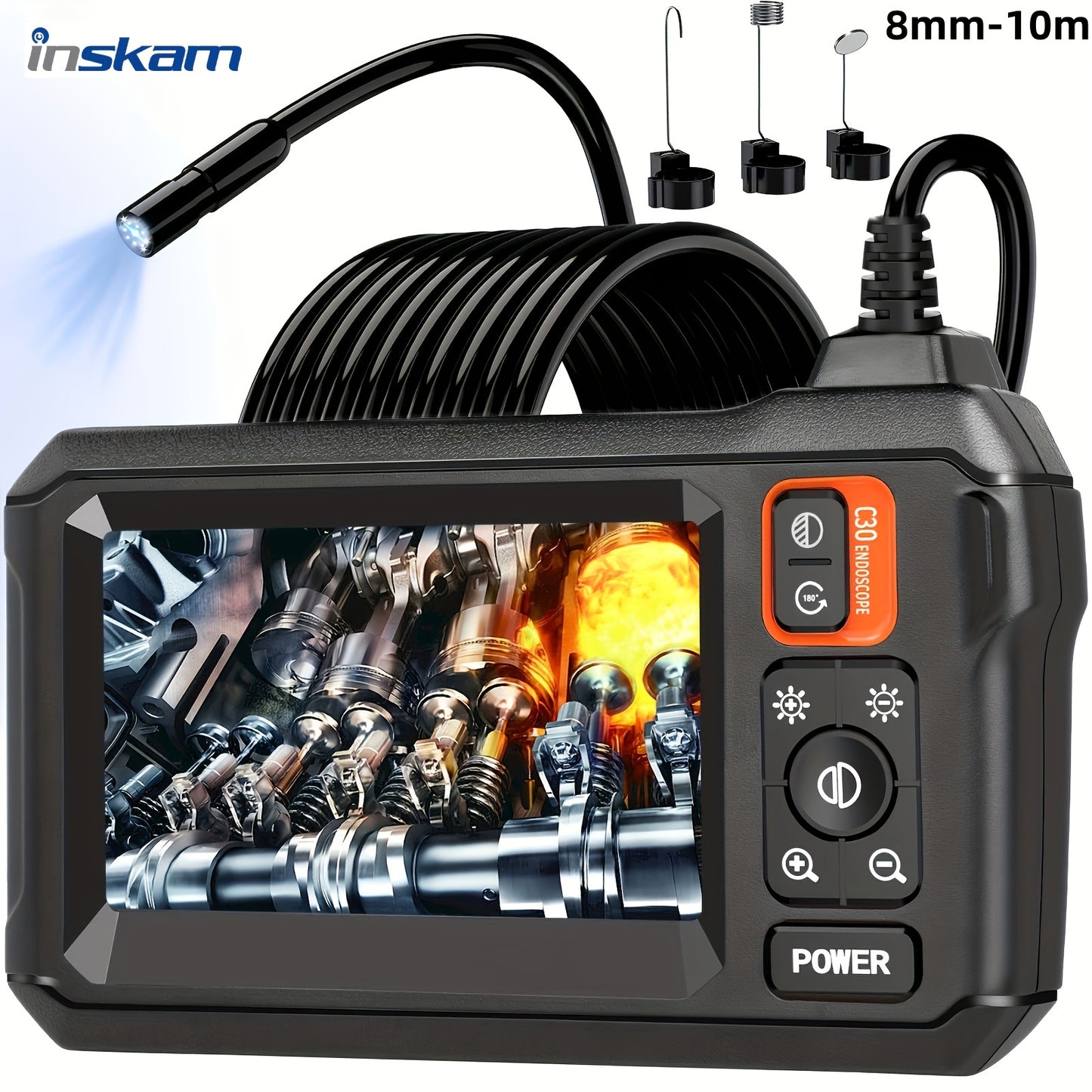 4.3" IPS LCD screen endoscope camera with 8mm single lens, 2000mAh rechargeable battery, flexible spring cable, LED light. Ideal for auto repair and plumbing inspections.