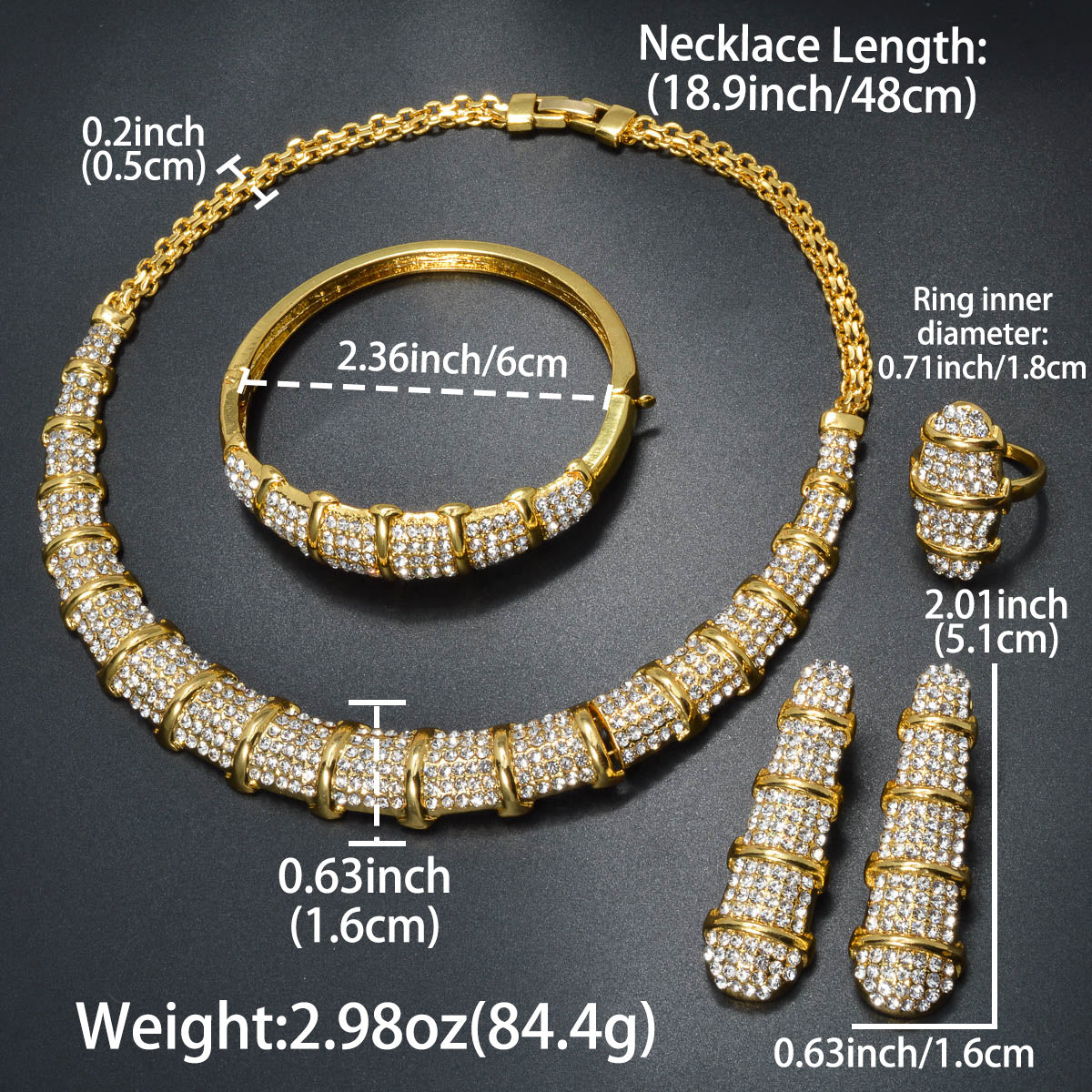 An elegant jewelry set designed for women, featuring a stunning bamboo-shaped necklace, bracelet, earrings, and ring. This four-piece set is perfect for sophisticated women attending weddings or as a luxurious holiday gift.