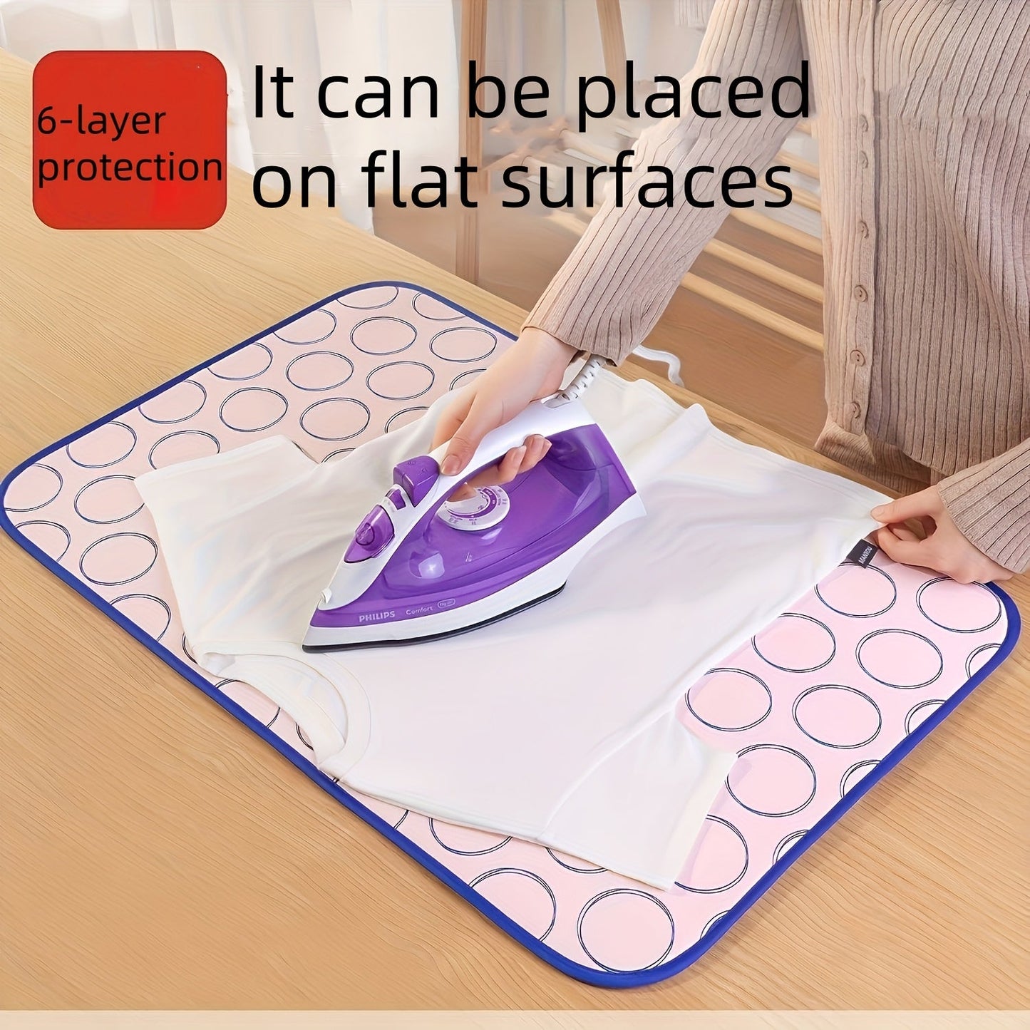 Portable Heat-Resistant Ironing Mat for Travel - Foldable, Waterproof, Non-Slip, Odorless - Purple Circular Pattern, Ideal for Easy Storage and Space-Saving Design - Travel Iron included