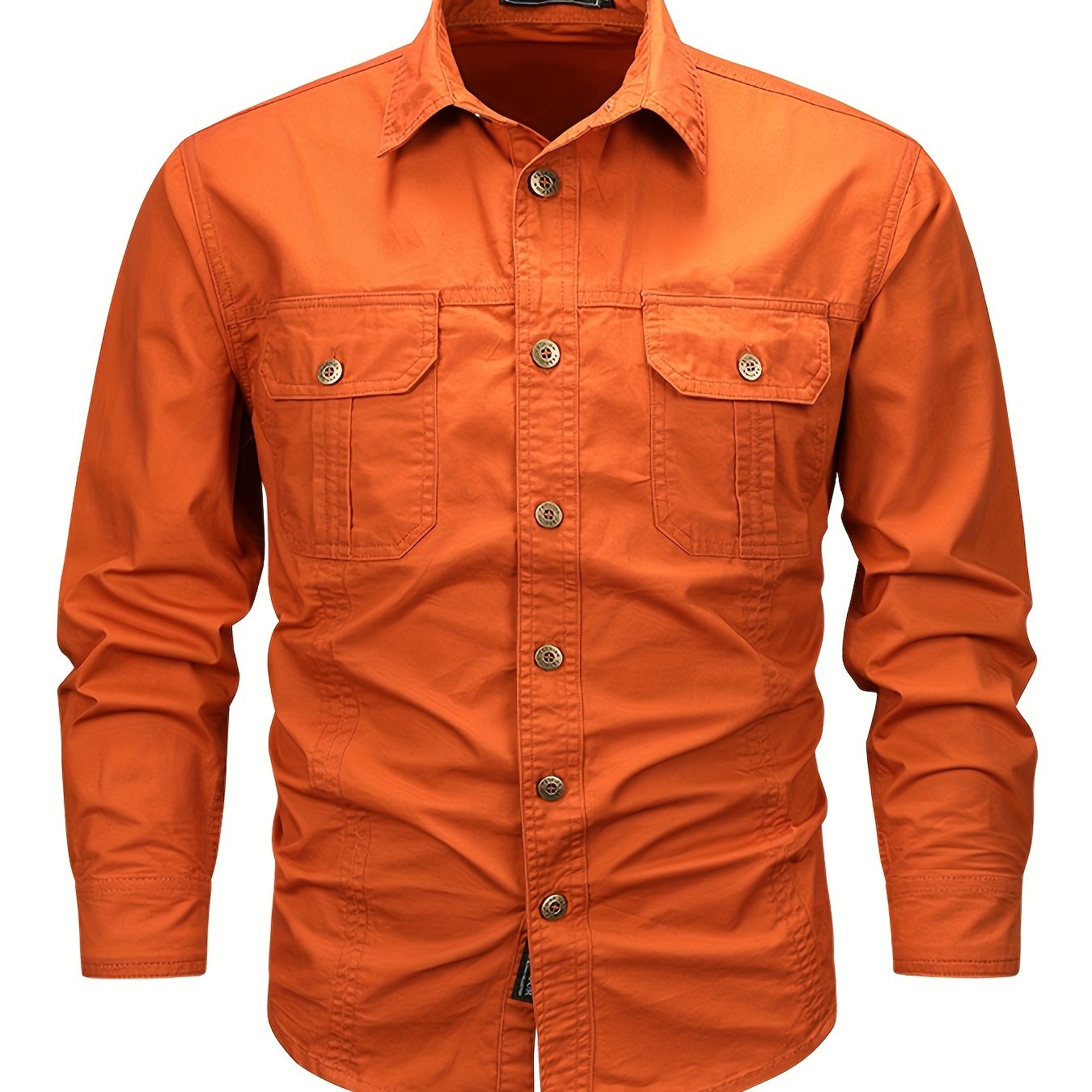 Men's 100% cotton casual long sleeve shirt in solid color with a loose fit, lapel collar, and multi-pocket design for weekend casual wear in spring/fall.