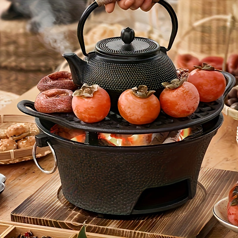 Handcrafted Cast Iron Charcoal Grill Stove with Mesh Net and Traditional Au Gratin Pan – Versatile BBQ for Home and Travel – Ideal for Teapot Heating, Perfect for Indoor and Outdoor Cooking – Requires Handwashing.