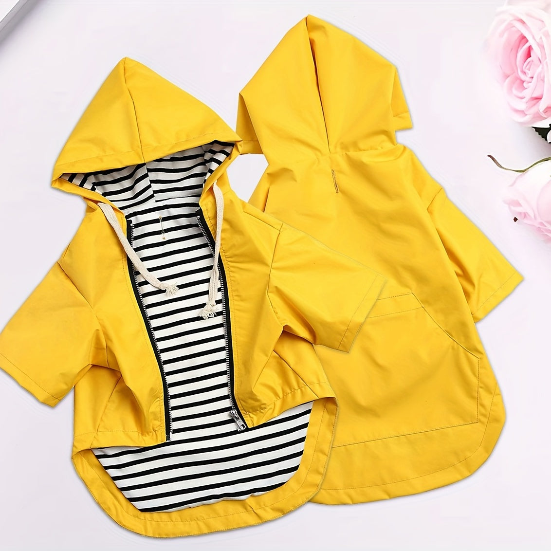 Yellow dog raincoat with reflective strip, buttons, zipper, adjustable drawstring, and detachable hood.