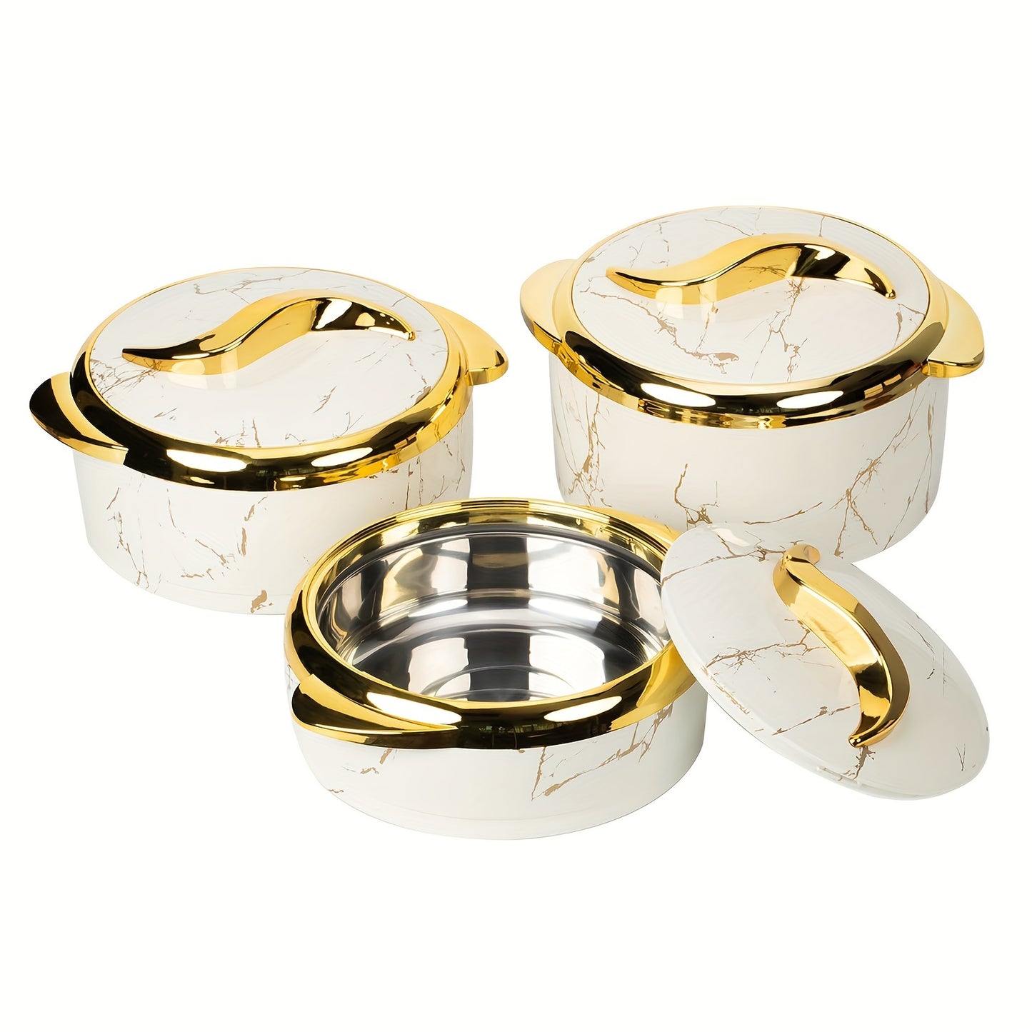 Golden Touch Food Warmer Set with 3 insulated stainless steel containers in various sizes, designed in white and golden marble. Keeps food hot for 6 hours and cold for 4 hours, perfect for