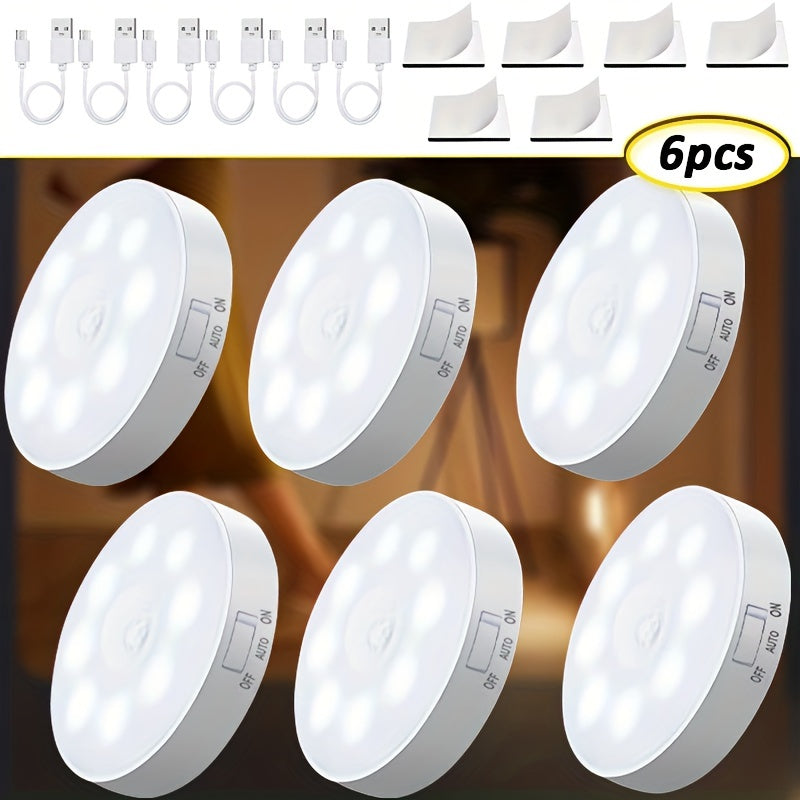 6 USB rechargeable LED lights with motion sensor for reading and home decoration in living room, office, and nursery.