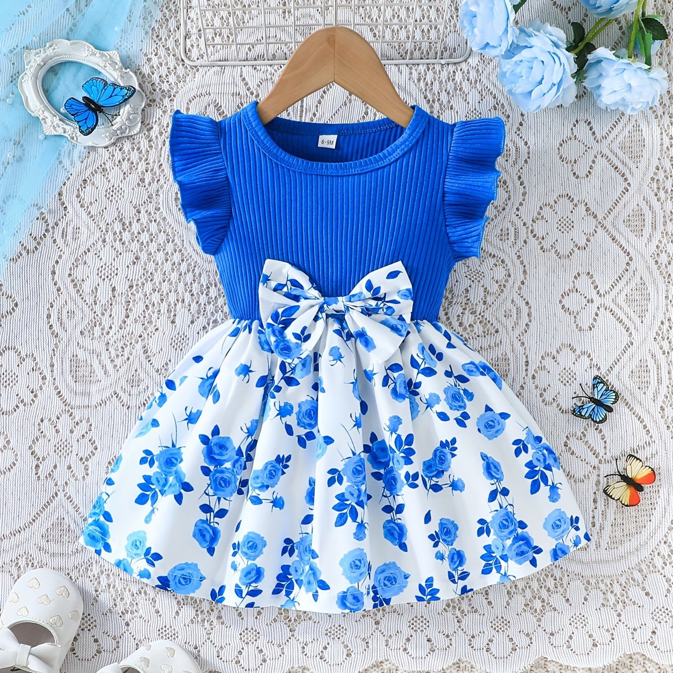 Baby girl's elegant summer dress set with romantic rose design and bow detail