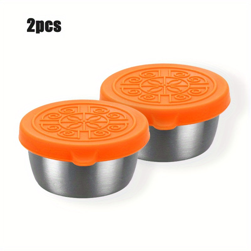 1pc/6pcs of 1.6oz reusable sauce cups with leakproof silicone lids, perfect for salad dressing on-the-go. Ideal for school, bento lunch boxes, restaurants, picnics, and travel. Stainless steel condiment cups.