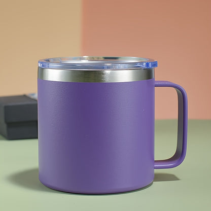 Stainless steel 14oz coffee mug with lid, double-walled vacuum insulation, ideal for hot or cold drinks.