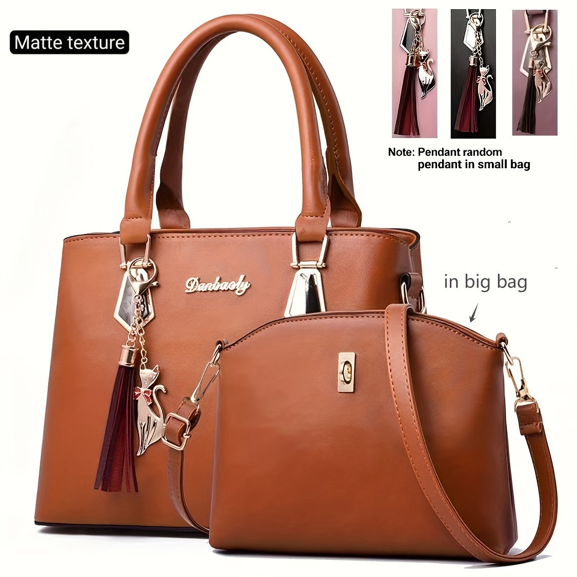 Solid color women's handbag set with tassel charm, zip closure, polyester lined. Versatile for shoulder or crossbody wear. Available in earthy tan, purple, red, blue, and black for fall and