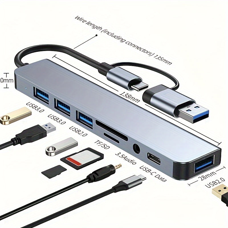 THLAN 8-Port USB 3.0 & Type-C Hub with Audio Mic, Micro SD/TF Card Reader for Laptops, MacBook Pro, iMac, iPad Pro - Uncharged Power Mode, Electronic Components Included