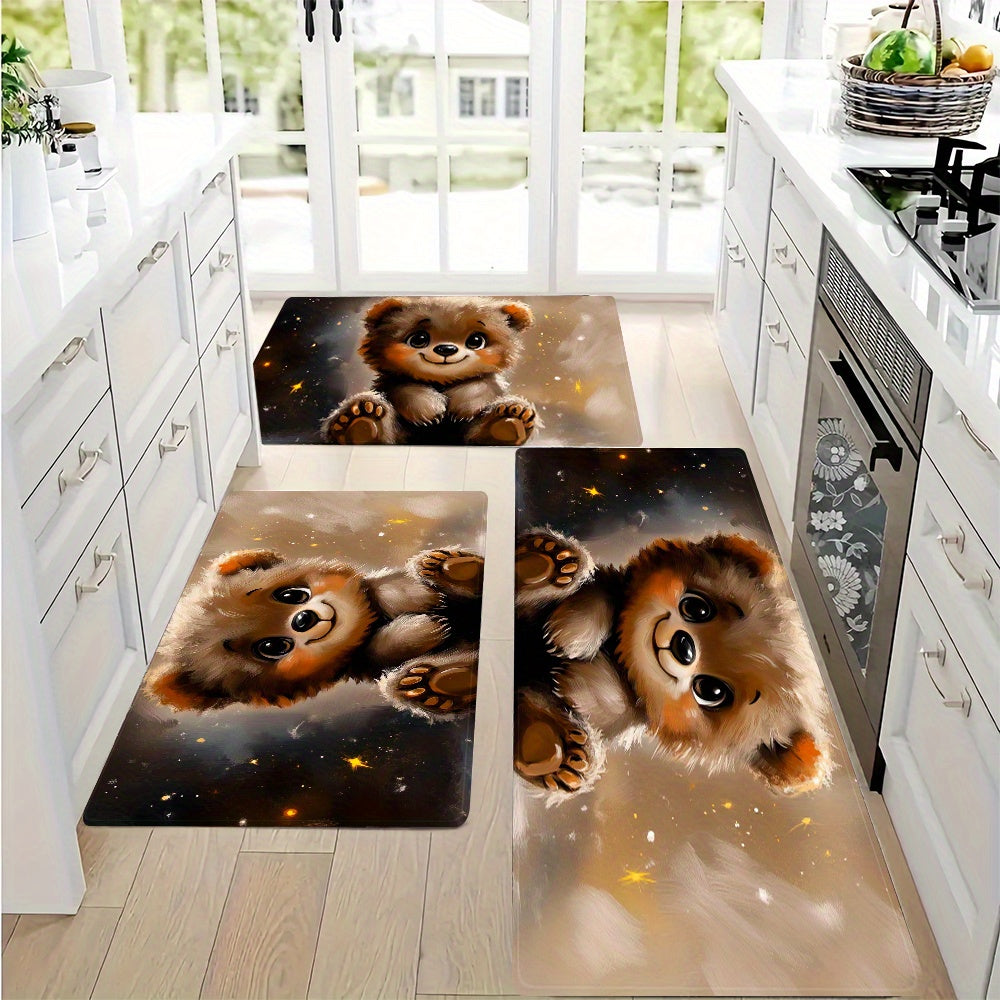 Adorable Teddy Bear Design Kitchen Mat - Made of 100% Polyester, Absorbent and Machine Washable | Ideal for Laundry Room, Bathroom, Entryway Decor, and Non-Slip Kitchen Rug