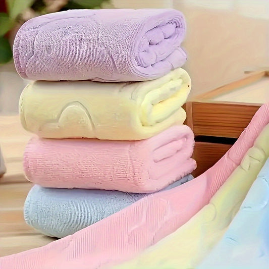 4-Pack of thick microfiber towels with embossed squares, modern space theme, anti-fade, soft and absorbent, ideal for home and bathroom use.