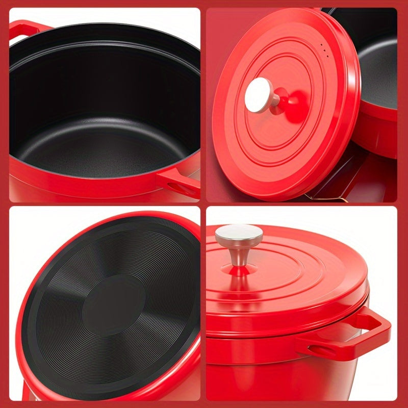 Durable Red Soup Pot for Broth, Stew, and Cooking - 4L Cast Iron Stockpot with Lid, 24cm - Compatible with Universal Gas Stovetop and Induction Cooking