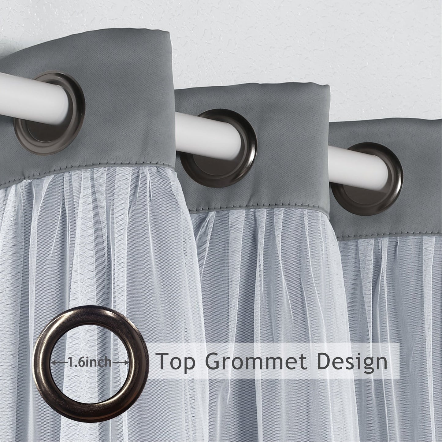 Grey bedroom blackout curtains with white sheer voile double-layered combination, featuring grommet design for easy hanging.