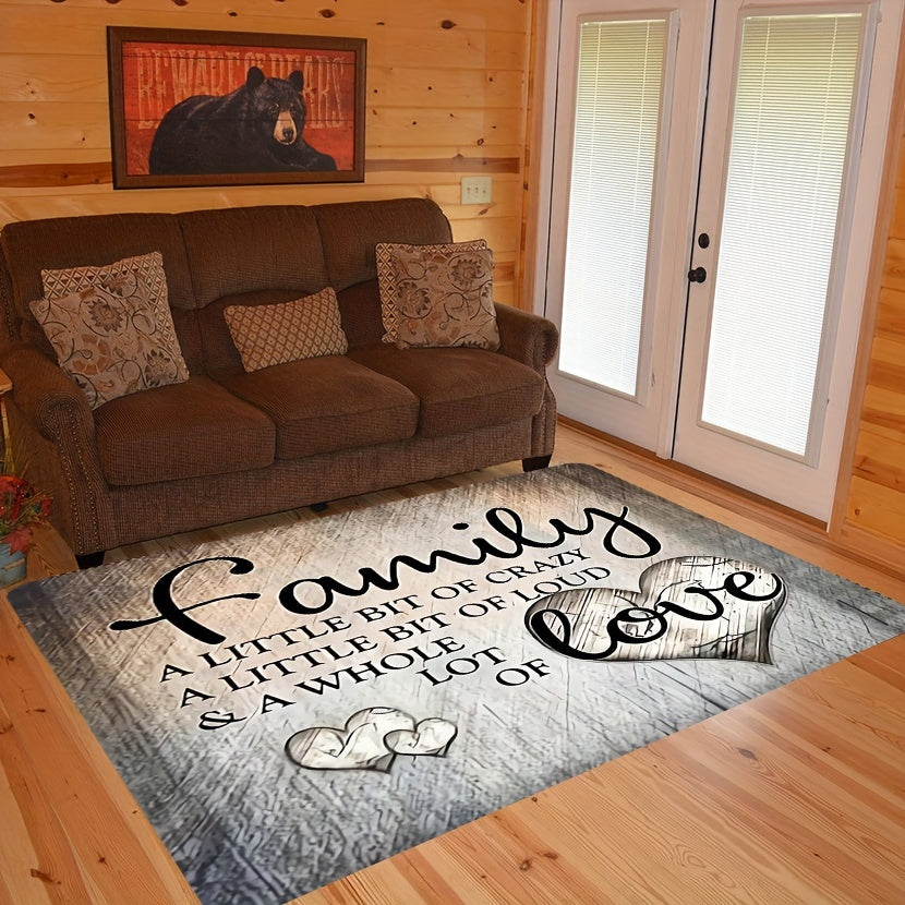 Handmade Polyester Doormat for Home - Non-Slip, Washable and Soft Decorative Mat with Family Quote. Durable Indoor Entrance Rug for Living Room and Kitchen - Featuring Black Wooden Design with Heart Patterns.