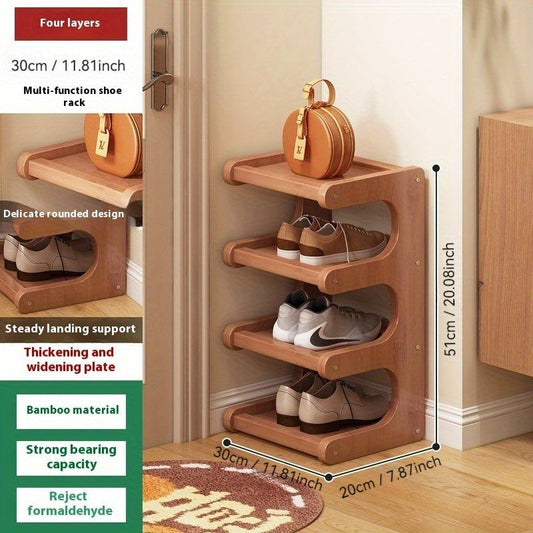 A tall and slim 8-story shoe rack is placed in the corner of a household dormitory entrance, saving space in a rental house. This multi-level storage rack is suitable for all types of rooms and is made of bamboo material.