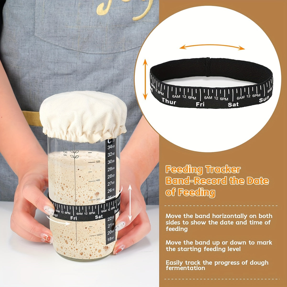 Sourdough Starter Kit: Includes glass jar with feeding band, thermometer, cloth cover, and metal lid.