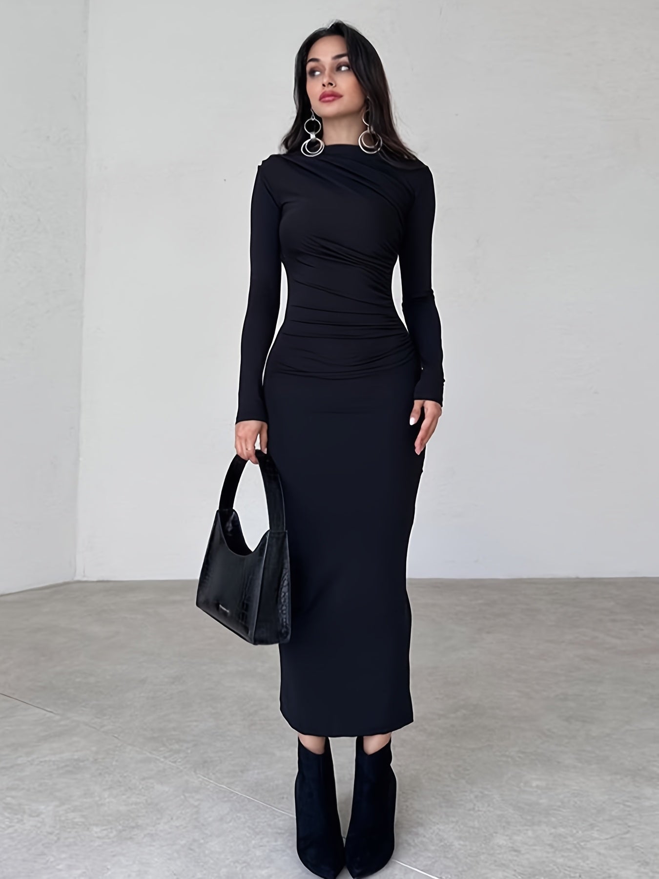 Women's long sleeve pencil dress made from 95% polyester and 5% elastane knit fabric. Features solid color sheath with draped detail, conventional collar, all-season long length, and side