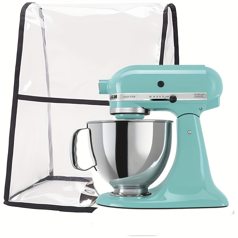 Waterproof and oil-resistant large transparent PVC cover designed for kitchen stand mixers. This dustproof cover includes a storage pouch pocket and fits most models.