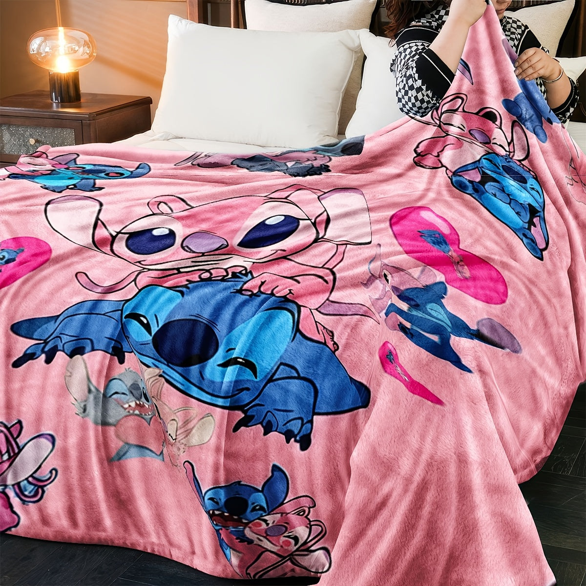 Pink Heart Stitch Cartoon Blanket - Multi-functional Knit Polyester Throw suitable for Every Season, Ideal for Bedroom, Couch, Car, and Journey