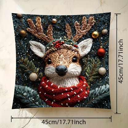 Contemporary style reindeer Christmas hat pillowcase, measures 44.96x44.96 cm. Made of woven polyester with hidden zipper. Machine washable, allergy-free. Suitable for living room sofa and bedroom decor.