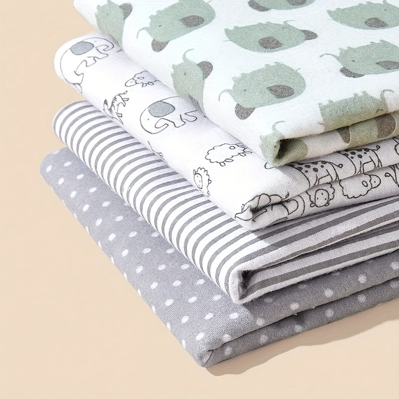 Machine washable set of 4 soft flannel swaddle blankets, ideal for youngsters and nursery necessities.