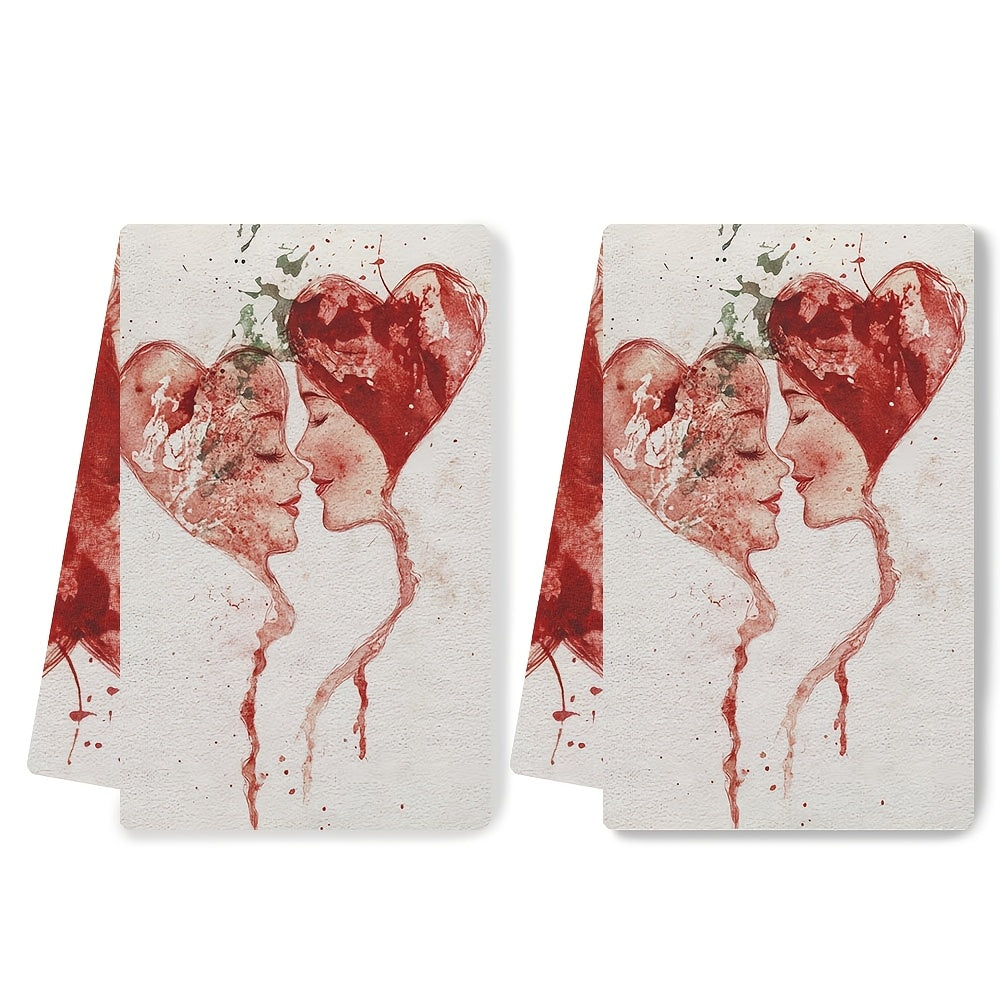 Two pieces of ultra soft kitchen towels featuring a Valentine's Day love stamp design. These highly absorbent and machine washable dish hand towels showcase a contemporary red and white splatter art pattern. Each towel measures 40.64x60.96 cm.