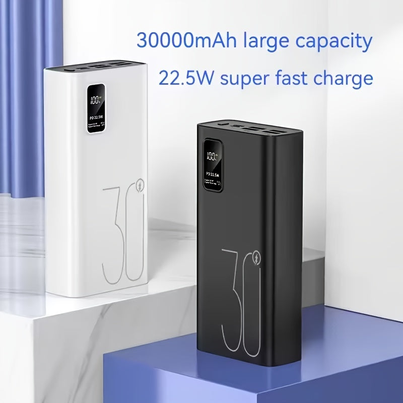 Portable power bank with 30000mAh capacity, 22.5W fast charging, and 3 USB outputs.