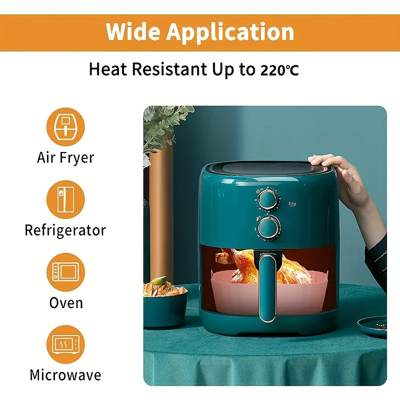 Two-piece set of reusable silicone air fryer liners for healthy cooking, featuring non-stick properties for easy baking.