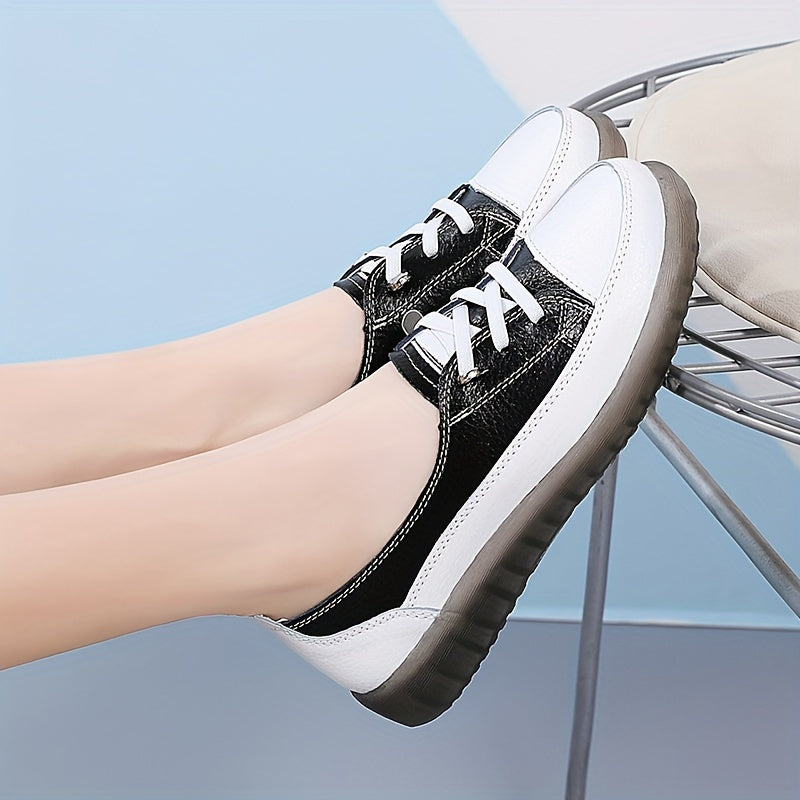 Women's Genuine Synthetic Leather Sneakers in White, Red, and Black options. Lightweight, non-slip, soft sole for all-season casual wear. Classic lace-up design with durable PVC sole.