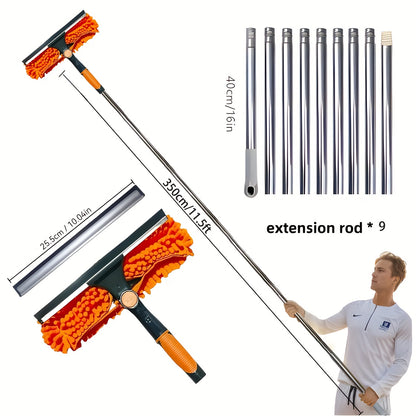 Window cleaner kit with washer, squeegee, microfiber cloth, stainless steel handle, resin head, and 59.74-meter reach, available in 5 colors. No electricity needed.