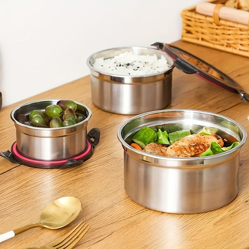 Set of 3 Stainless Steel Food Storage Containers with Lids - Perfect for Adults, Salad Dressings, Snacks, and More! Leakproof, Reusable, and Ideal for Refrigerator Preservation. Includes Seal Bowls, Crisper Case, Food Savers Cases, Bento Boxes, and More!