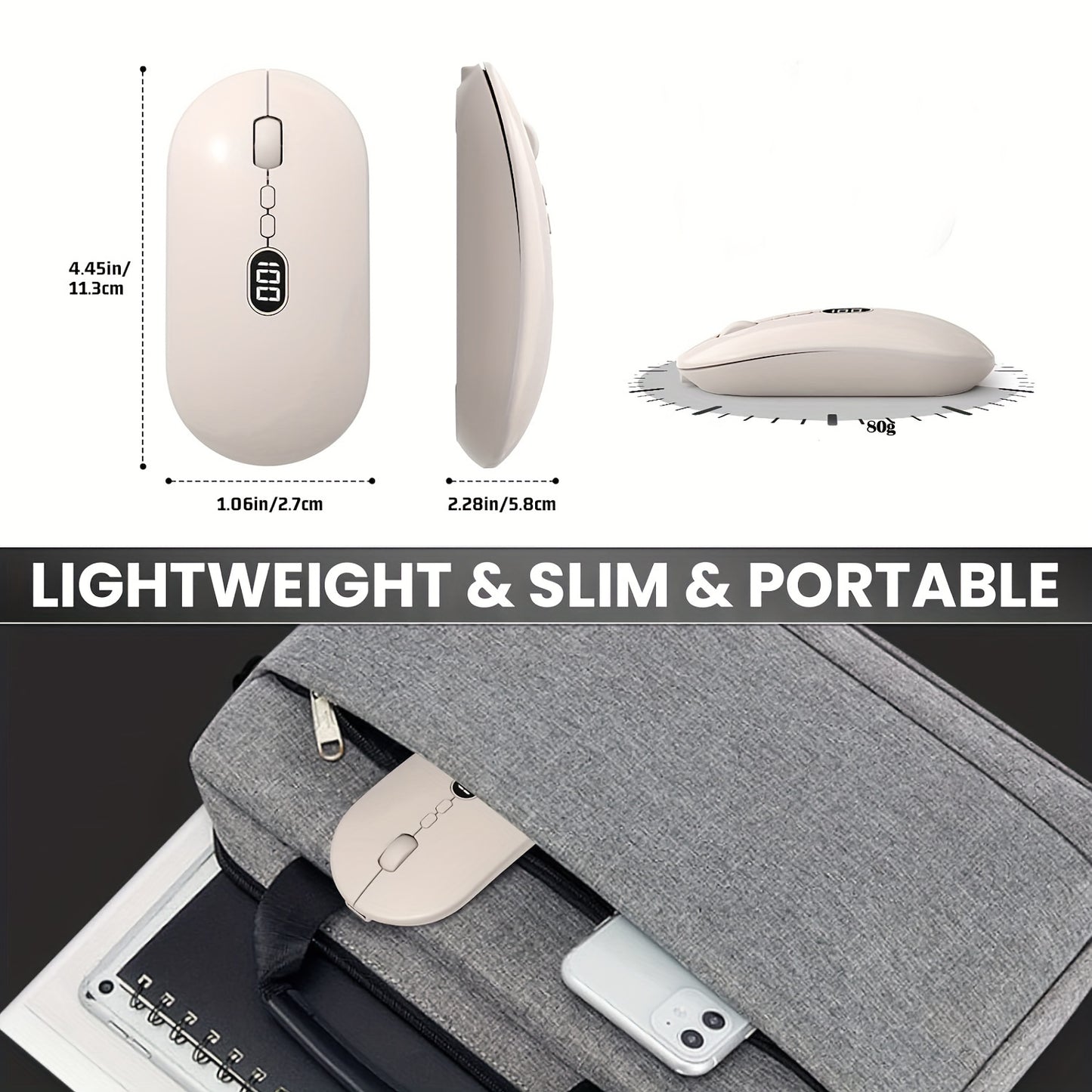 ZIYOULANG Wireless Lightweight Mouse with Battery Display Screen, Rechargeable Cordless Silent Click Computer Mouse Up to 1600 DPI - Slim Portable Design for Laptop and PC/Mac/Macbook