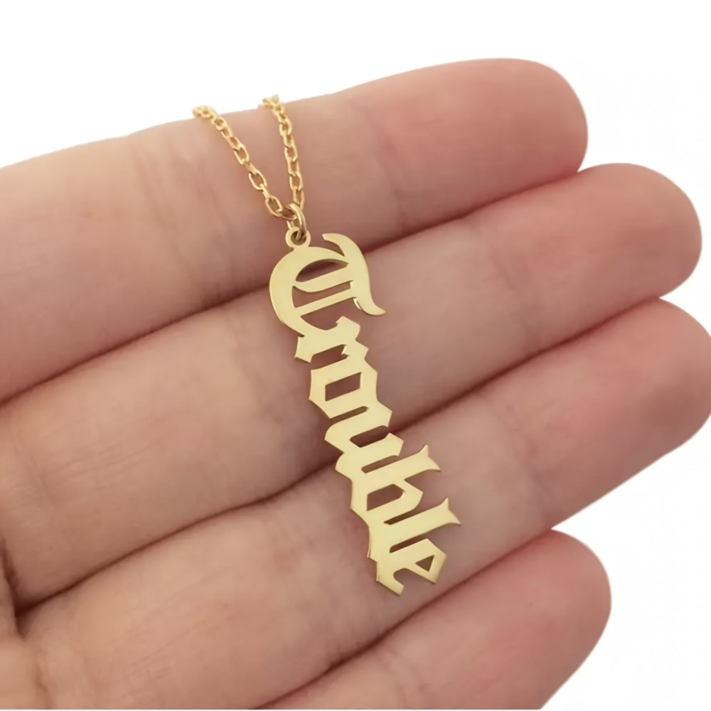 Handcrafted Old English Name Pendant Necklace in Gothic Style, Made of 18K Golden Plated Stainless Steel. This Elegant Unisex Jewelry Piece is Perfect for Graduation, Birthday, Anniversary, Wedding, Christmas, Halloween, or Valentine's Day. A Thoughtful