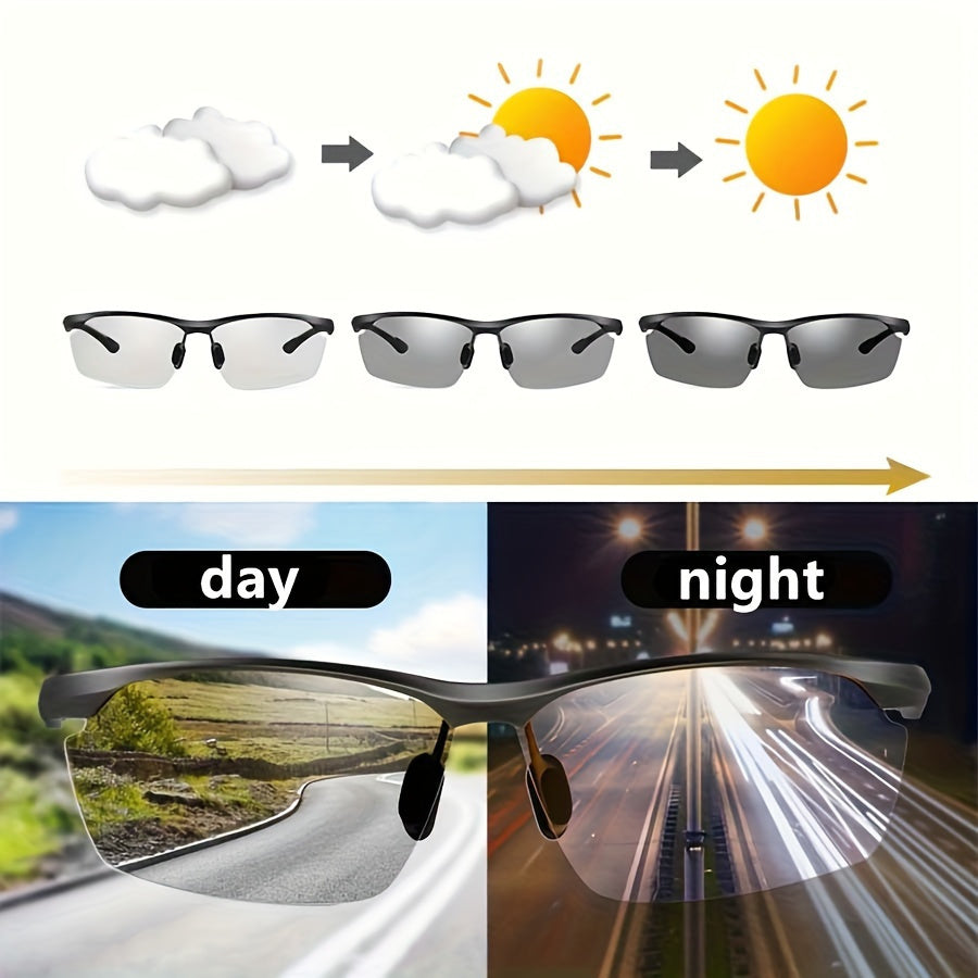 Unisex photochromic sunglasses with half-rim plastic frame, perfect for outdoor activities. Scratch-resistant.