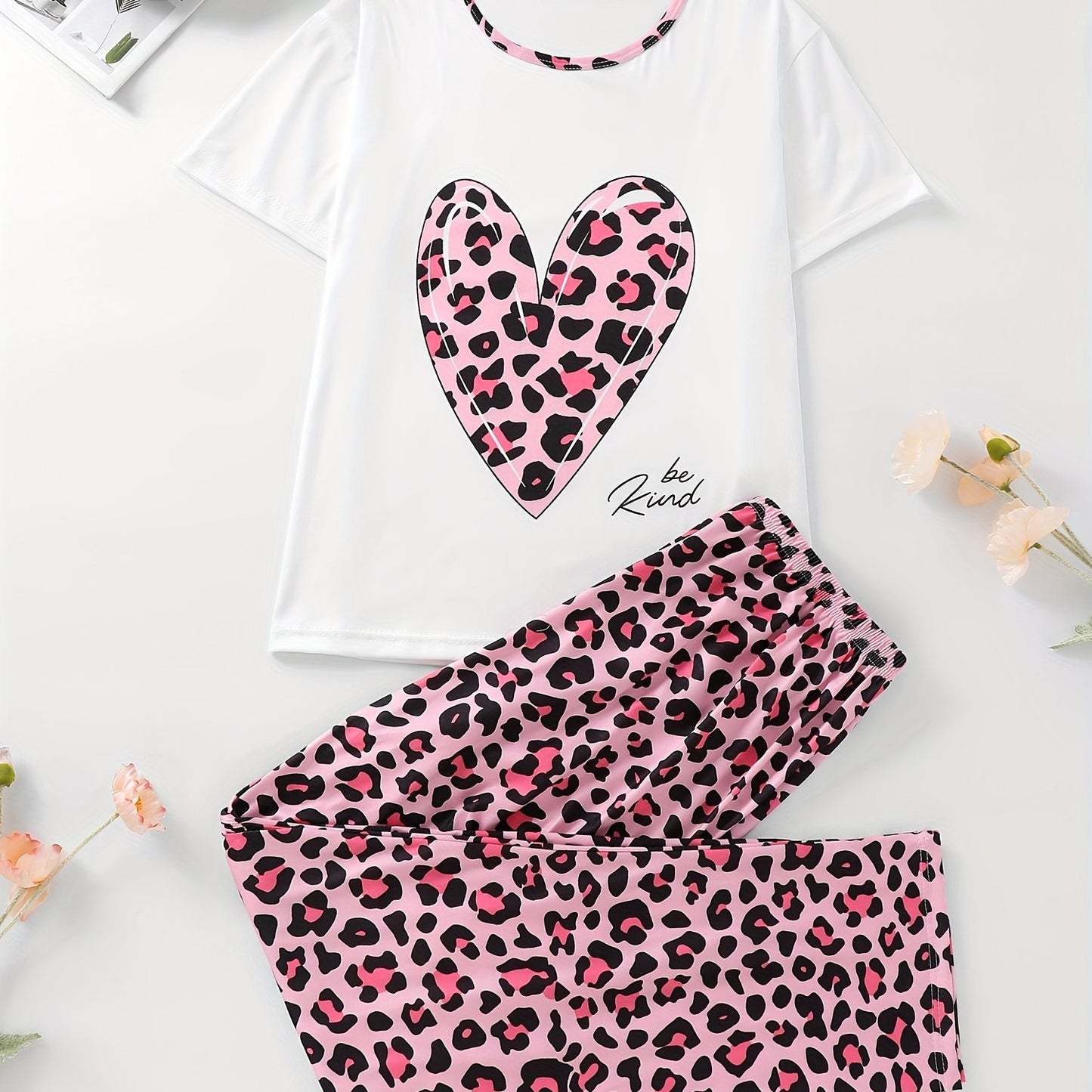 Valentine's Day Leopard Heart Print Pajama Set for Women, Short Sleeve Top & Elastic Pants