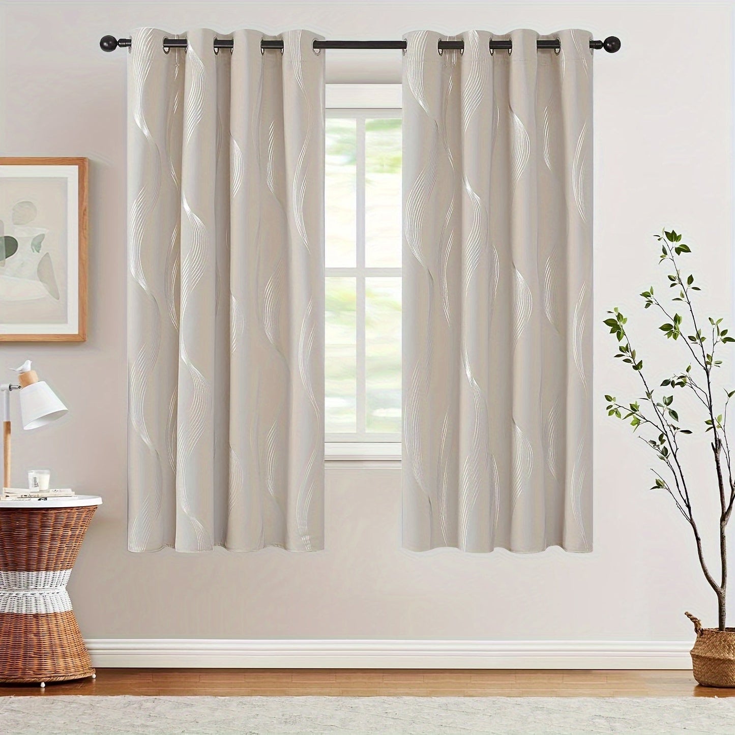 Two pieces of contemporary blackout curtains made from high-quality woven polyester, featuring a grommet top design for easy hanging. These room darkening drapes are machine washable and showcase a fantasy stripe pattern with eyelet detailing. Suitable