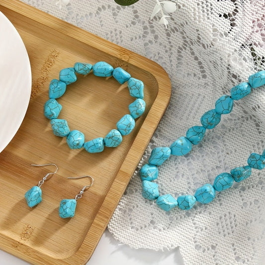 Vintage-inspired turquoise beaded jewelry set with a boho-chic flair - includes necklace, bracelet, and earrings for women. Featuring stretchy design with natural stone accents, this set is versatile and ideal for casual attire or parties.