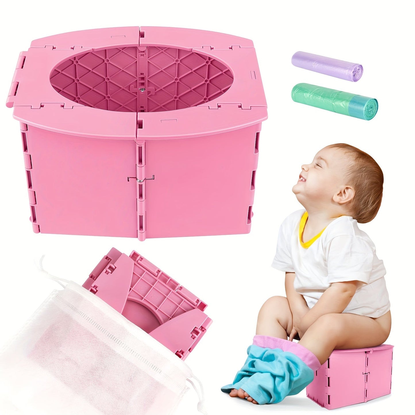 Portable Toilet with One Roll of Bags, Perfect for Potty Training and Traveling.