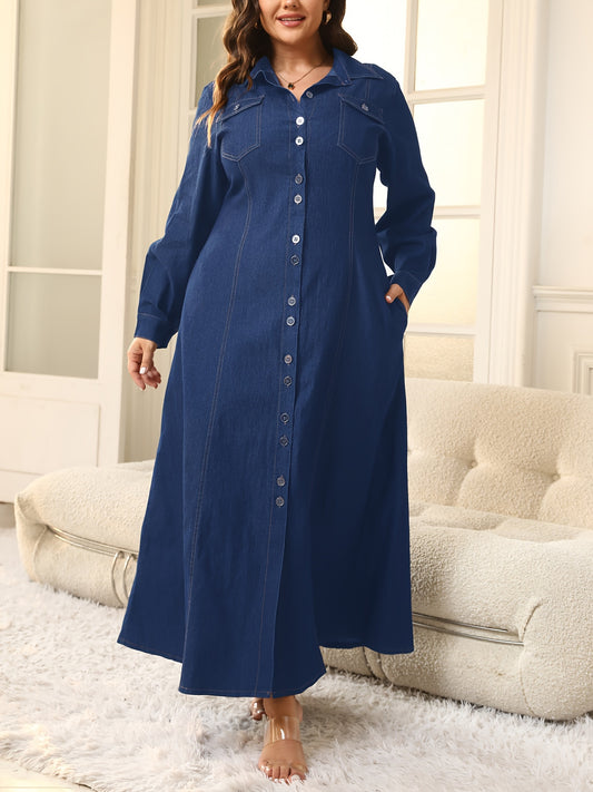 Casual V-Neck Denim Dress for Women, 65% Polyester, 35% Cotton, Slight Stretch, Solid Color, All Seasons, 290g/m² Woven Fabric - Fitted Long Sleeve Style