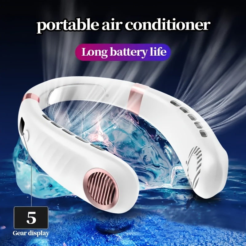 The Portable Bladeless Fan features a hands-free wearable headset design, with USB rechargeable capabilities and a built-in lithium battery. This 5W personal cooling fan is perfect for use at home, in the office, outdoors, while traveling, or during