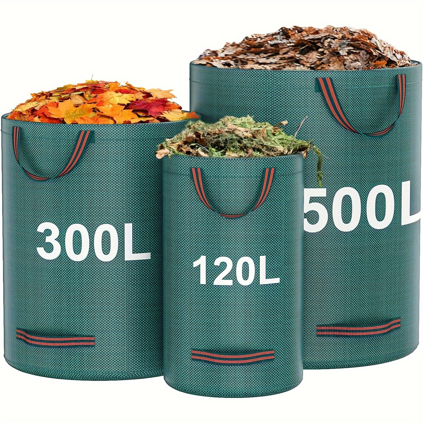 1pc Heavy Duty Garden Waste Bag, available in 500L, 300L, and 120L sizes. These reusable bags are made of UV and water resistant PP material, with handles for easy transport. Perfect for