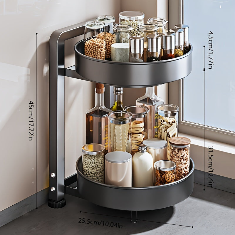 Rotating Kitchen Storage Rack for Seasonings and Condiments - Metal Organizer with Two Tiers and Powder-Coated Finish - Ideal for Jars and Sundries