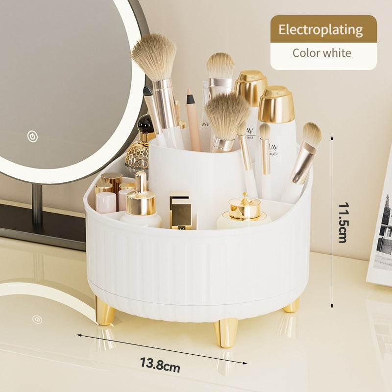 Stylish minimalist desktop makeup organizer rotates 360° with large capacity, 3 color options, and sturdy golden base. Holds lipsticks, lotions, pencils, and brushes with 7 large slots for