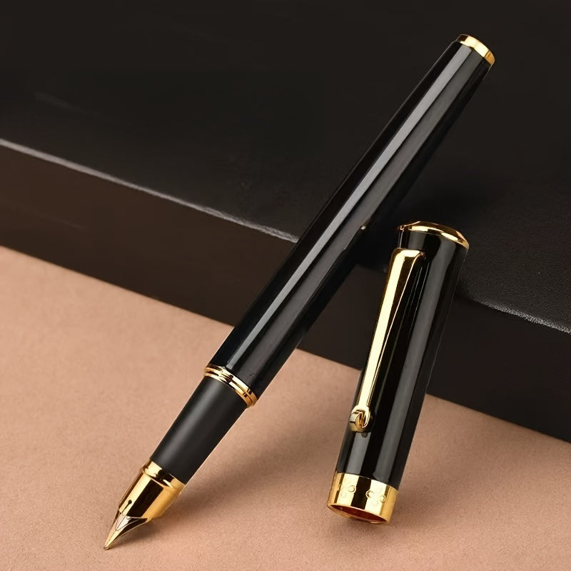 Metal fountain pen with 0.5mm fine nib and snap cap closure. Suitable for business and personal signatures. Works with 3.4mm ink bottles.