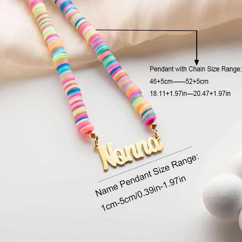 Customized Rainbow Name Necklace plated in 18K gold, featuring polymer clay beads. This accessory is both elegant and adorable, perfect for wearing all year round at any occasion. A great gift idea for Christmas and New Year's.