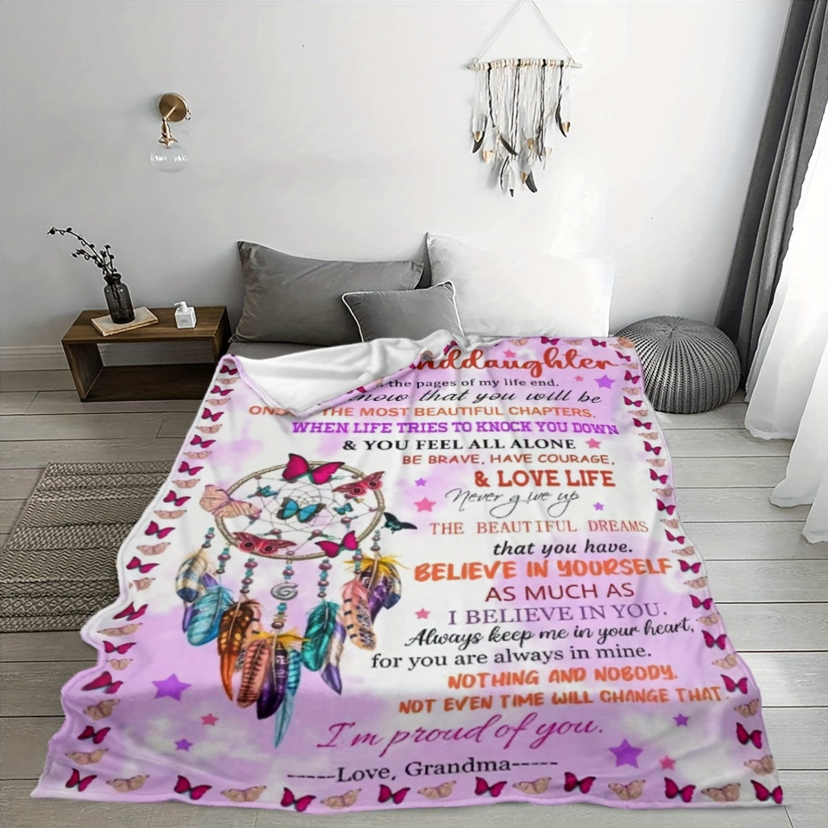 This lightweight flannel throw blanket is the perfect gift for your granddaughter. Made from soft fleece polyester knit, it features a contemporary style with a digital print. Cozy and versatile, it's great for bed, sofa, or chair. Weighing 200-250g per