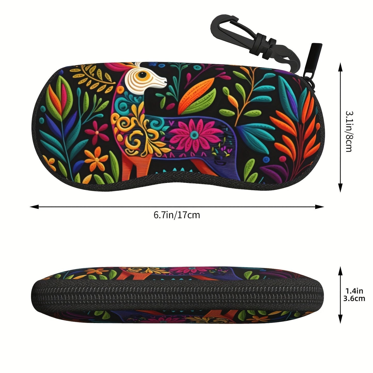 Waterproof glasses case with keychain featuring Mexican floral art design. Made of ultra-light and soft neoprene, this reading glasses holder is perfect for both men and women.