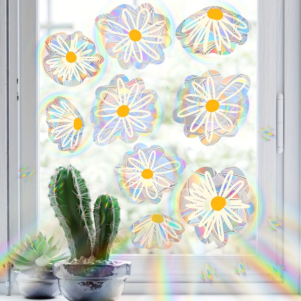 Dazzling Rainbow Prism Window Decor - Set of 10 Daisy Suncatcher Clings, Reusable Vinyl Stickers to Prevent Bird Strikes, Perfect for Home and Garden Accents