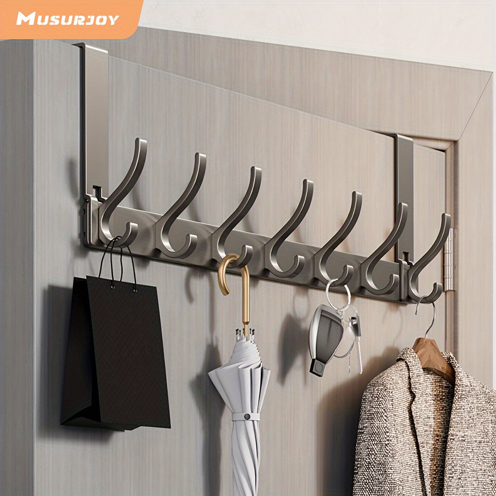 Ideal for holiday gifting, the MUSURJOY Heavy-Duty Aluminum Over-the-Door Hook features a sleek chrome finish and multi-hook design, making it perfect for use in the bathroom, kitchen, living room, and bedroom.