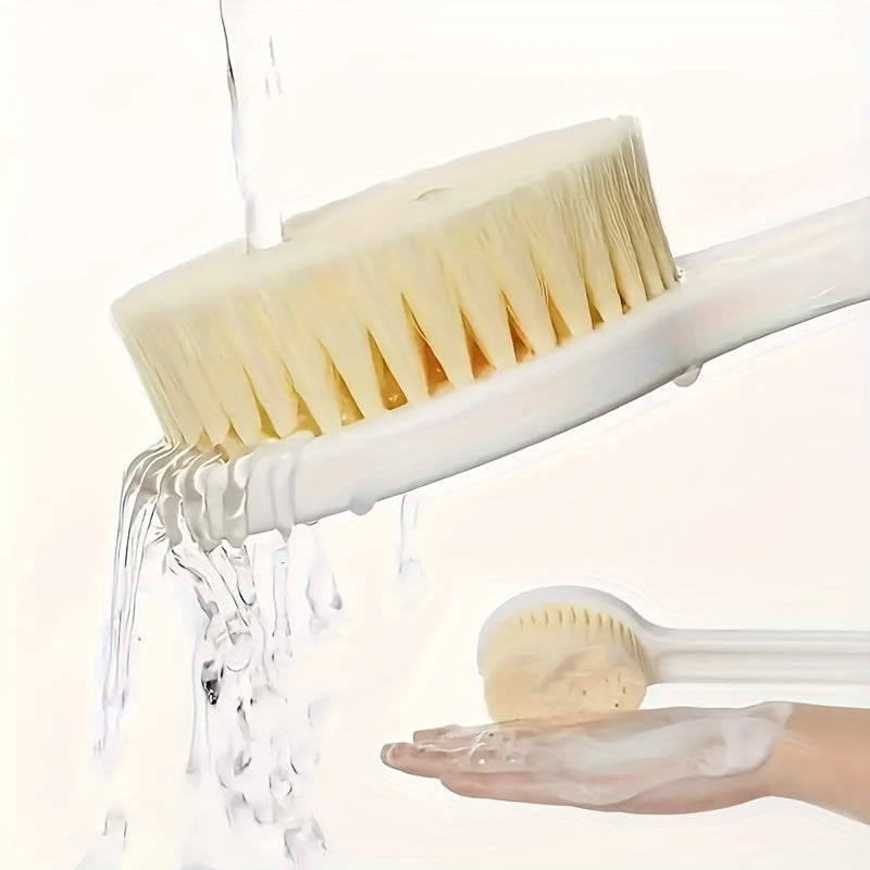 Long handle bath brush with soft bristles for exfoliating massages and cleaning.